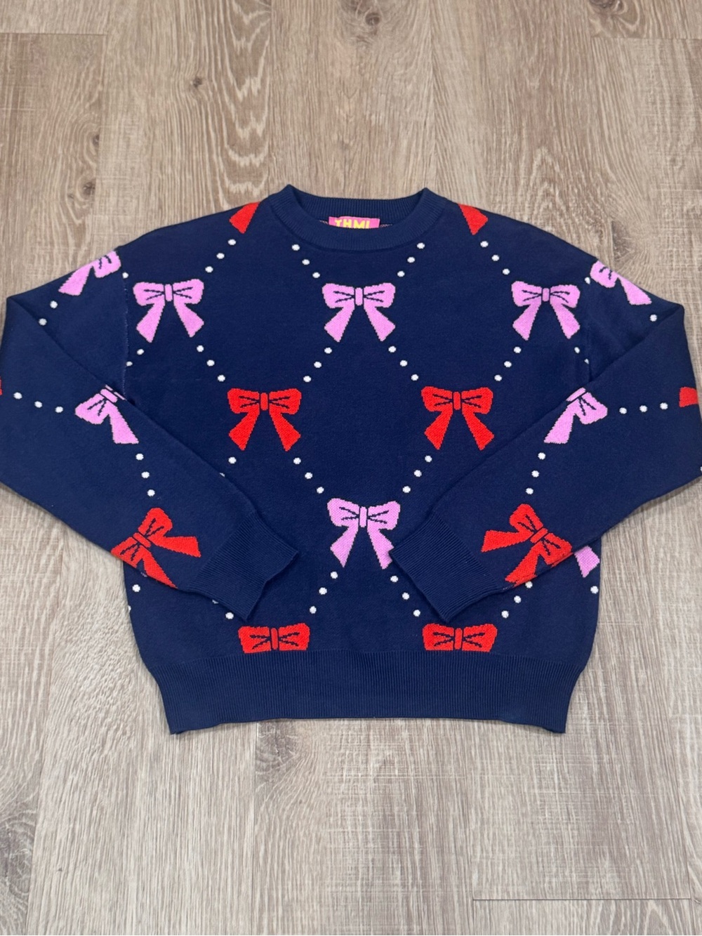 THML Navy Blue Bow Sweater Pink Red Preppy Coquette Crewneck Size S